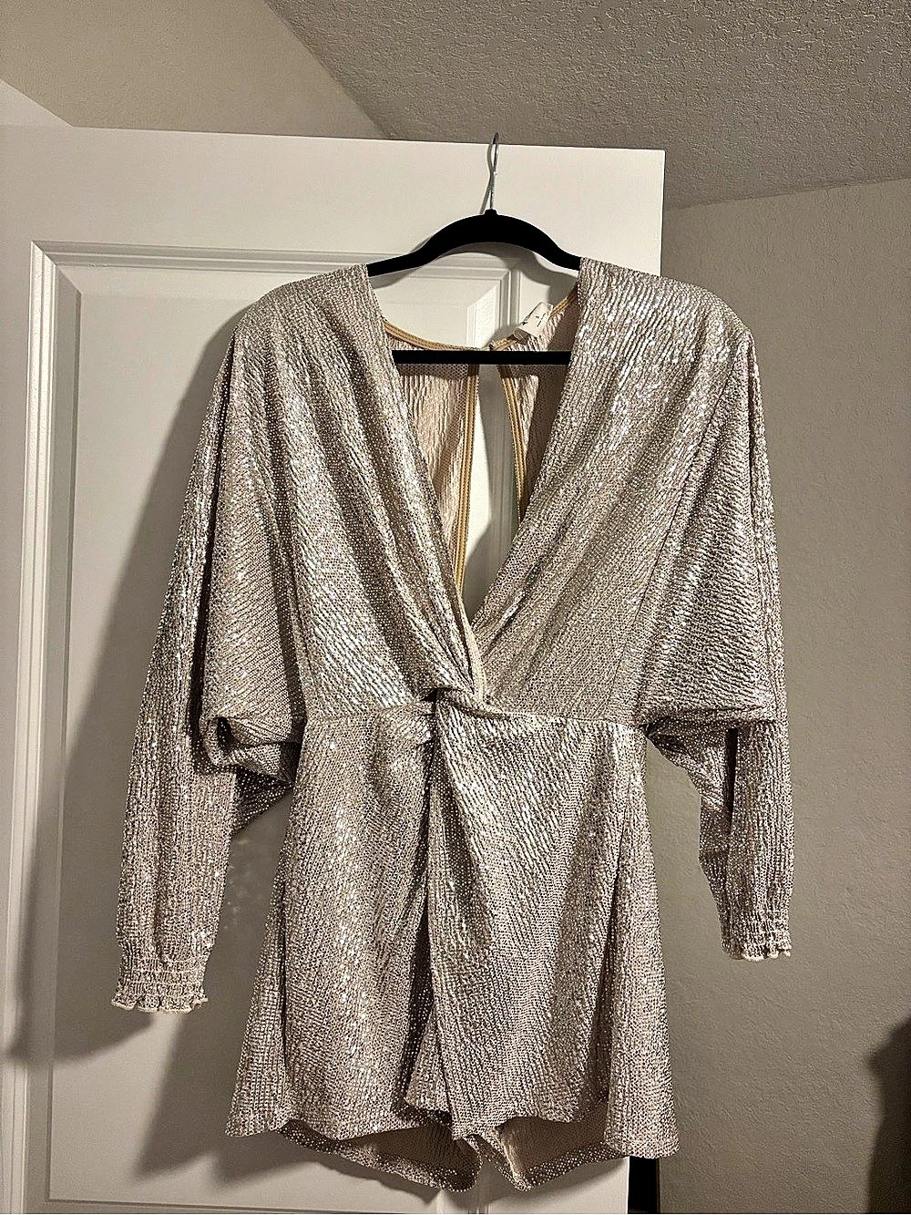 By Together Lurex Sparkle Twist Front V-Neck Romper Silver Small